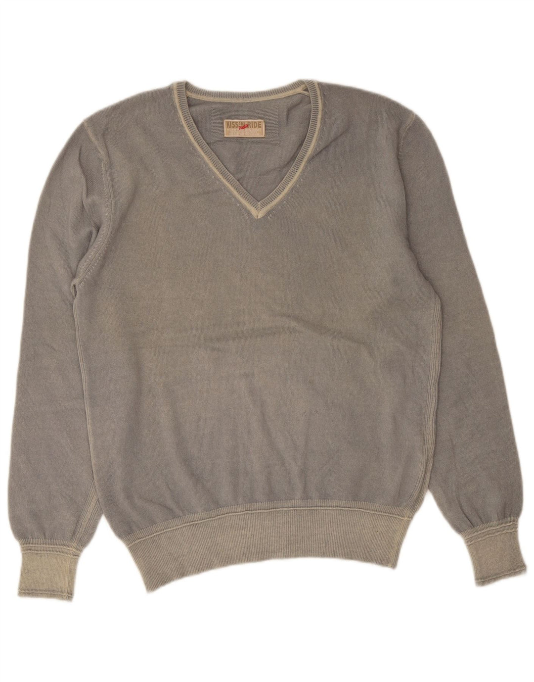 Playlife Mens V-Neck Jumper Sweater Large Grey Wool