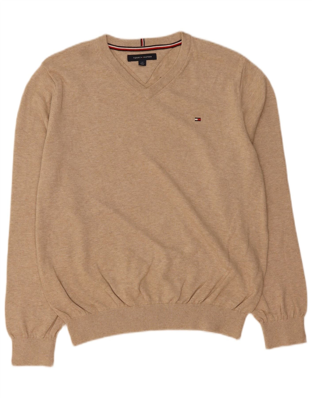 TOMMY HILFIGER Mens V-Neck Jumper Sweater Large Beige