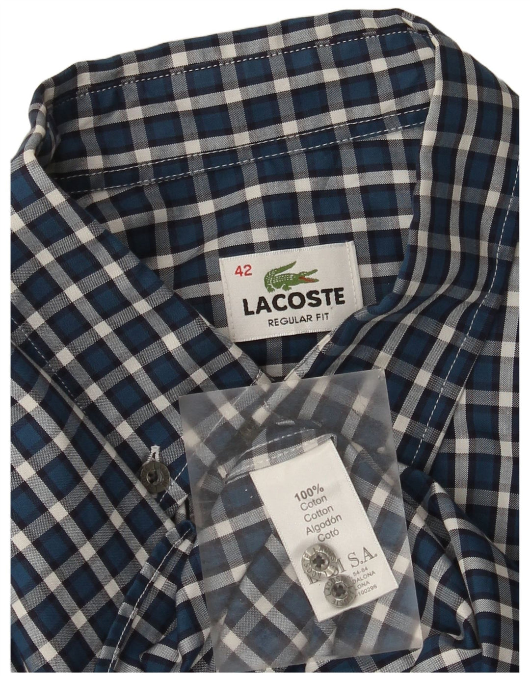 Lacoste Mens Regular Fit Shirt Size 42 Large Blue Check Cotton