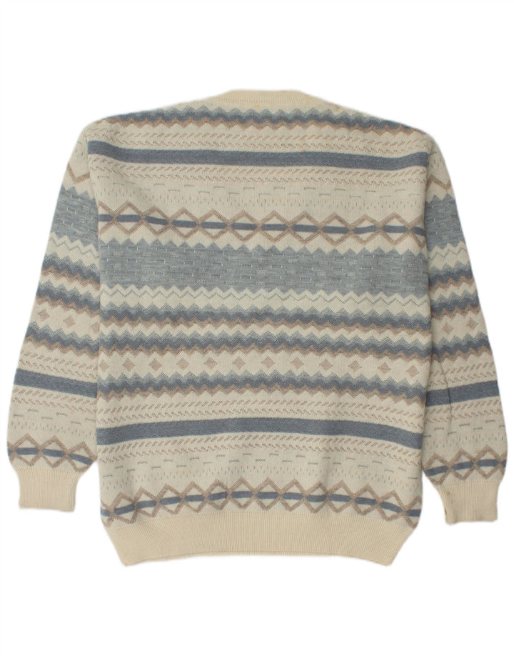 RODES Mens V-Neck Jumper Sweater XL Off White Geometric Virgin Wool