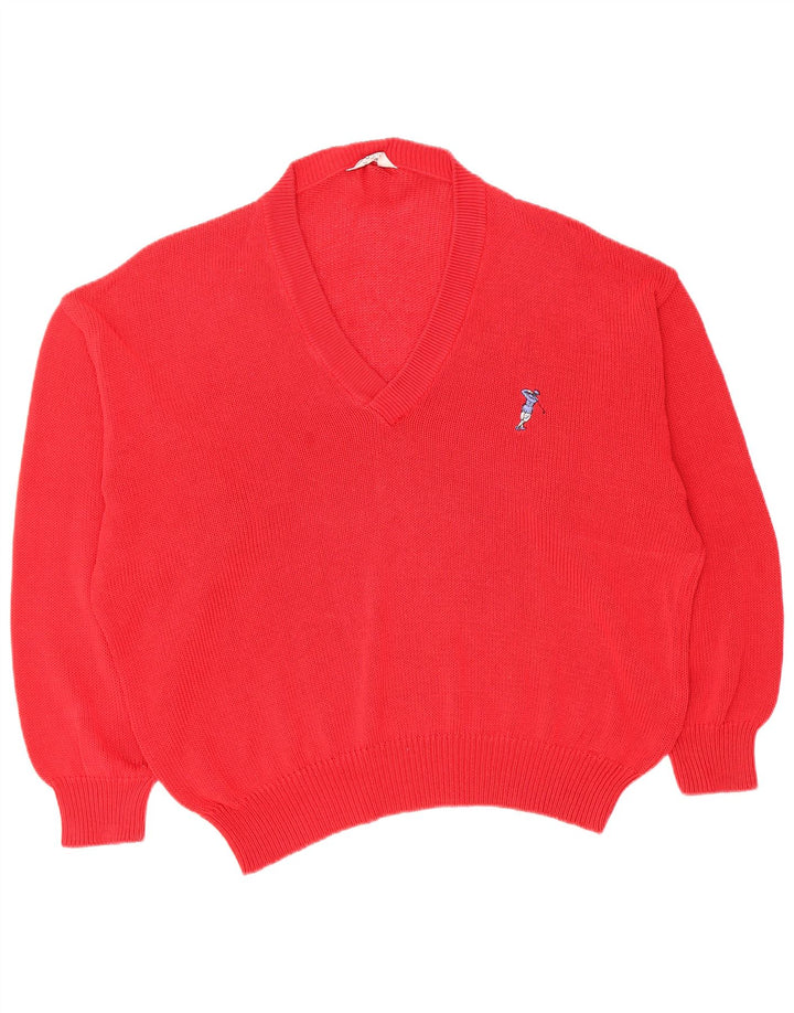 DALMINE Mens Loose Fit V-Neck Jumper Sweater Large Red Cotton
