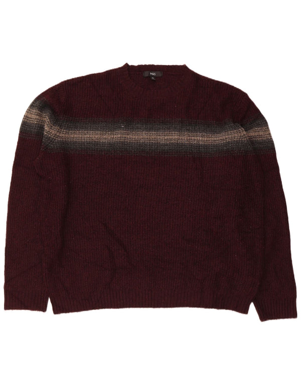 MARKS & SPENCER Mens Crew Neck Jumper Sweater 2XL Burgundy Striped Acrylic