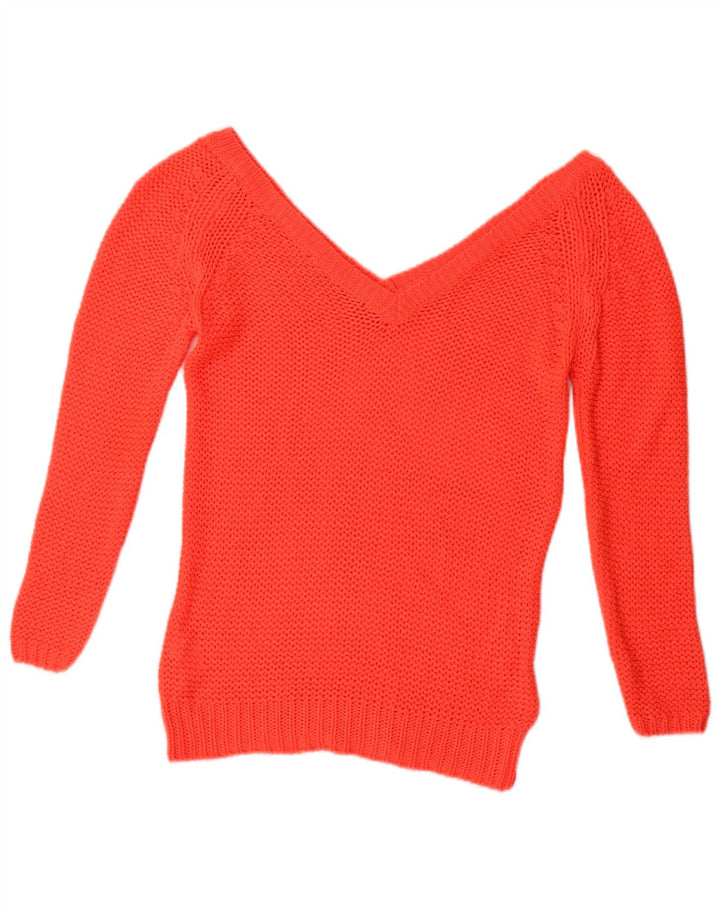 ZARA Womens Crochet V-Neck Jumper Sweater UK 12 Medium Red Acrylic