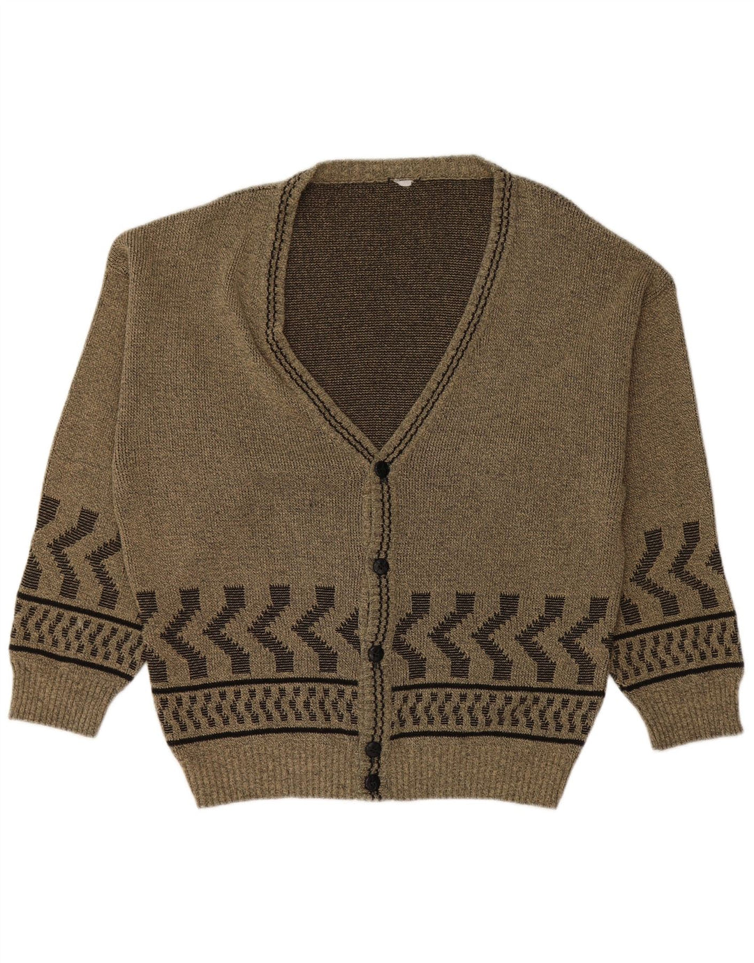 VINTAGE Mens Cardigan Sweater Large Khaki Geometric Cotton