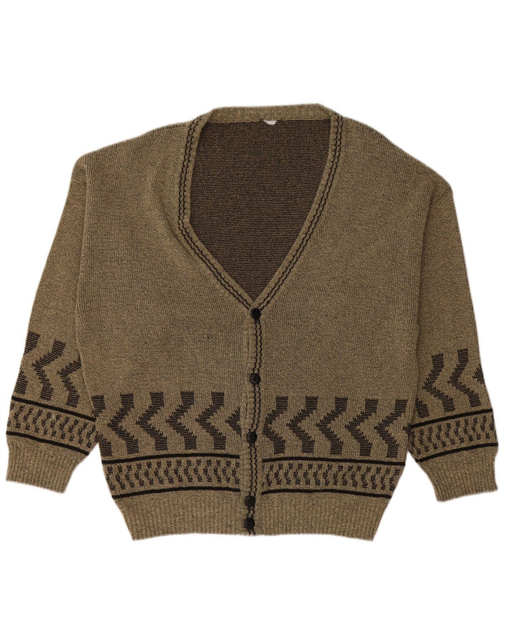 VINTAGE Mens Cardigan Sweater Large Khaki Geometric Cotton