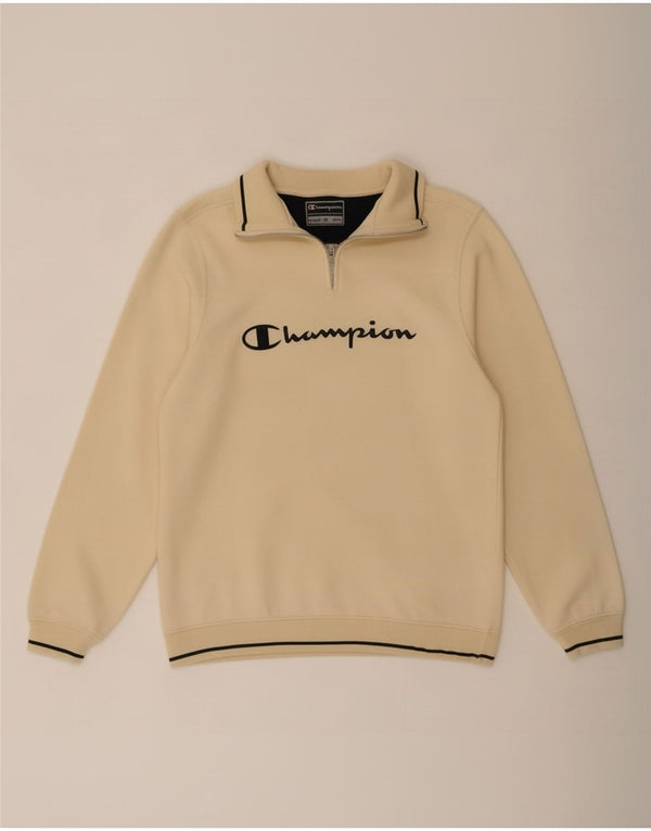 Champion Mens Graphic Zip Neck Sweatshirt Jumper Small Beige Cotton