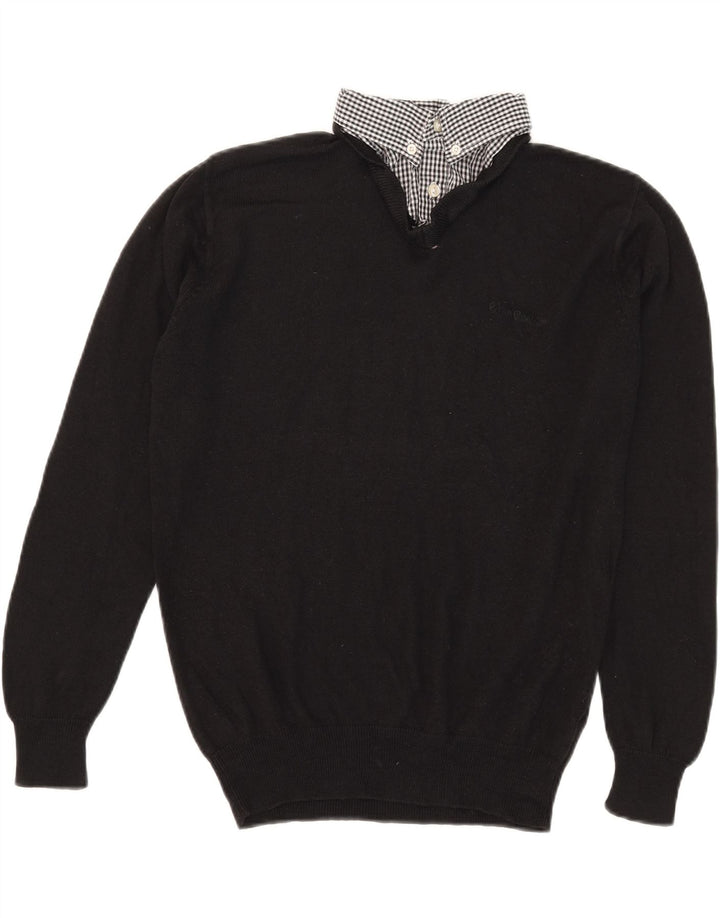 Pierre Cardin Mens V-Neck Jumper Sweater Medium Black Check Acrylic
