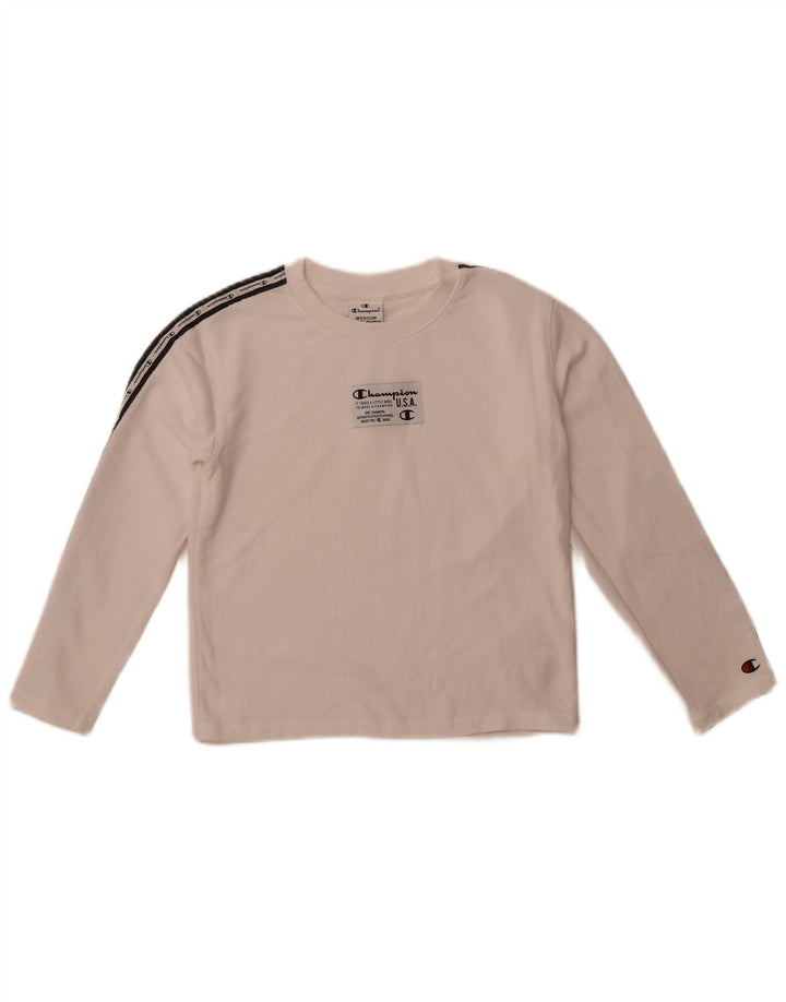 Champion Boys Graphic Top Long Sleeve 9-10 Years Medium White Cotton