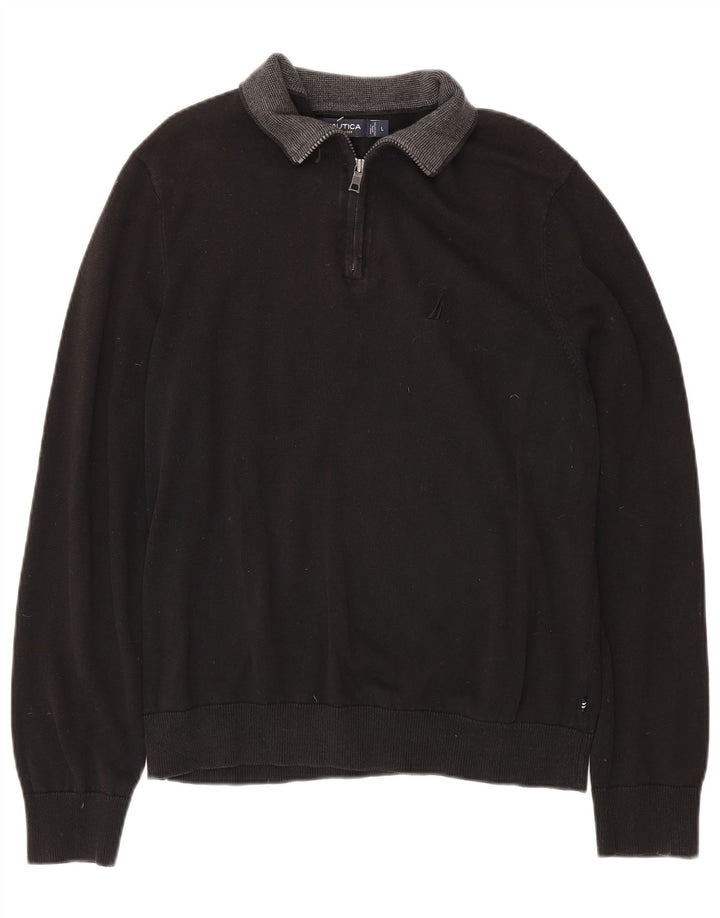 NAUTICA Mens Zip Neck Jumper Sweater Large Black Cotton