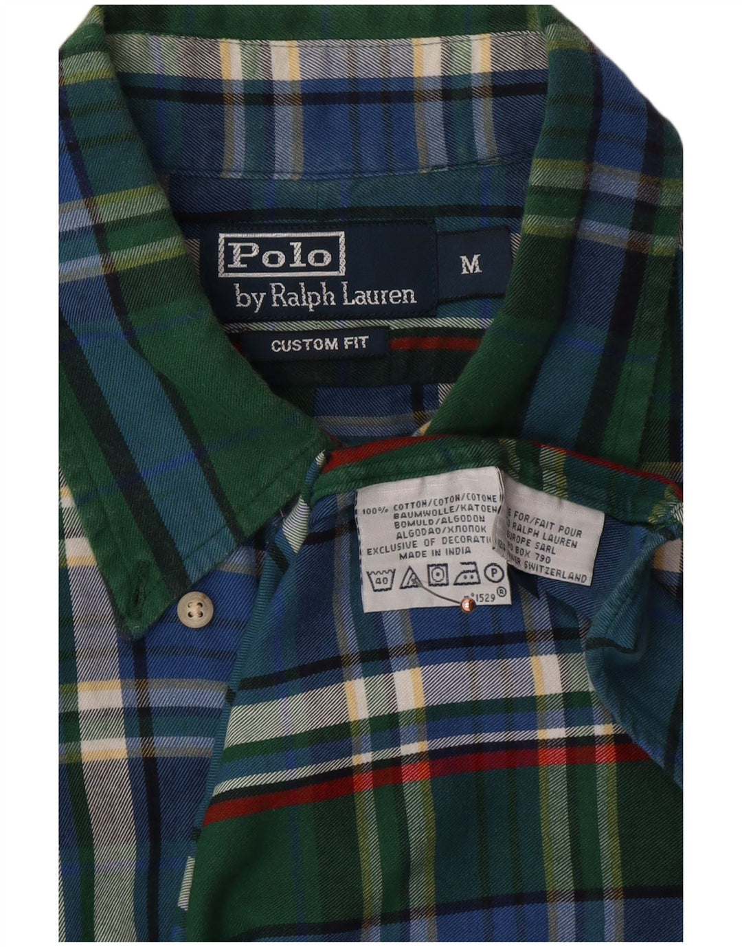 POLO RALPH LAUREN Mens Custom Fit Flannel Shirt Medium Green Check Cotton
