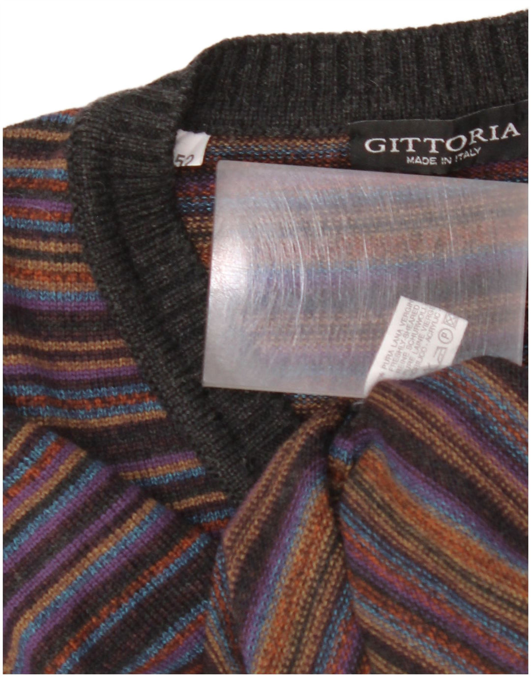 VINTAGE Mens V-Neck Jumper Sweater IT 52 Large Multicoloured Striped Wool