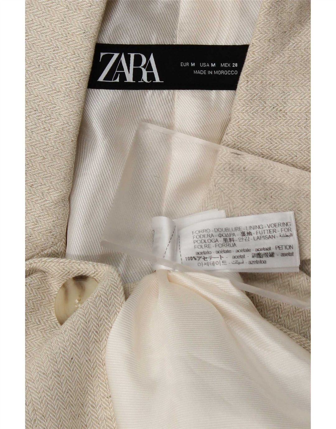 Zara Womens 1 Button Blazer Jacket UK 14 Medium Beige Herringbone Acetate