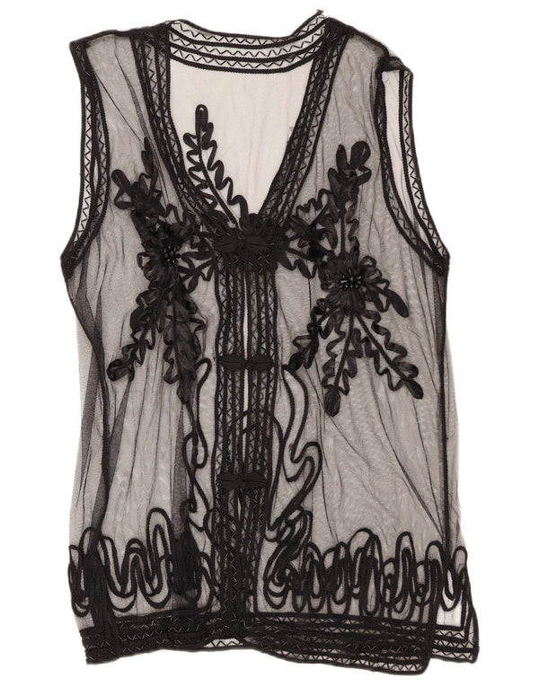 Vintage Womens See Through Shirt Blouse UK 14 Medium Black Floral