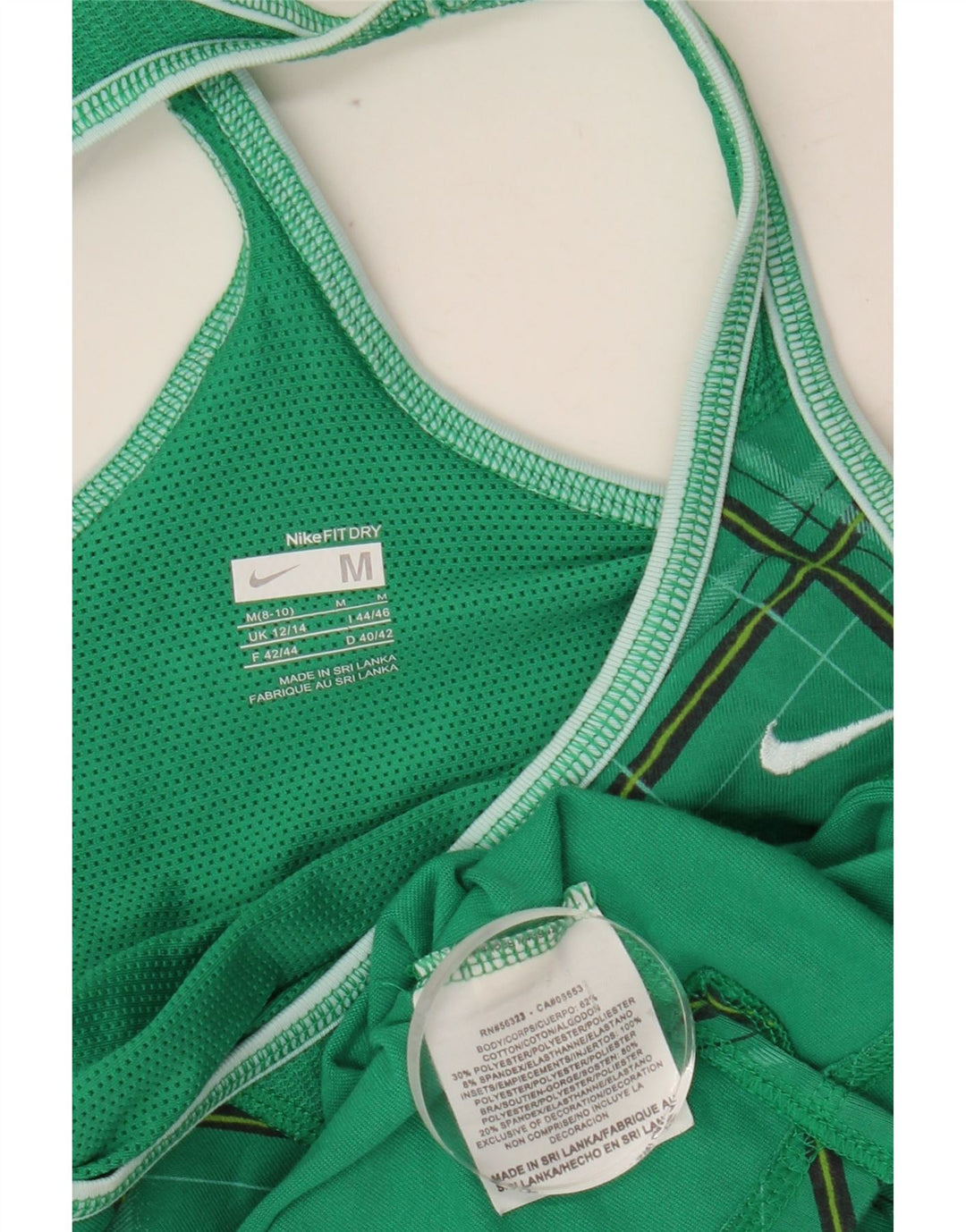 NIKE Womens Vest Top UK 12/14 Medium Green Argyle/Diamond Cotton