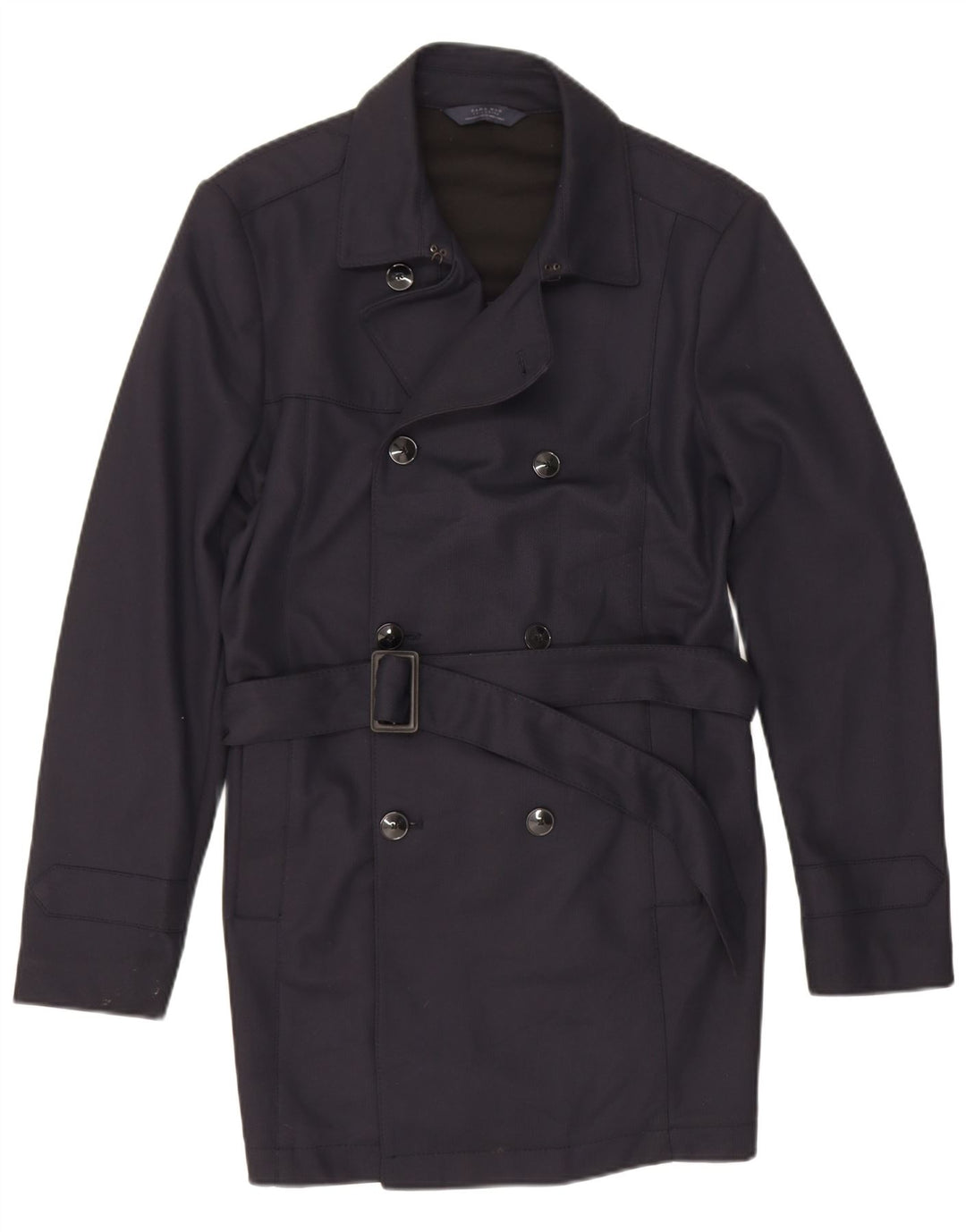 Zara Mens Trench Coat UK 40 Medium Navy Blue Polyester