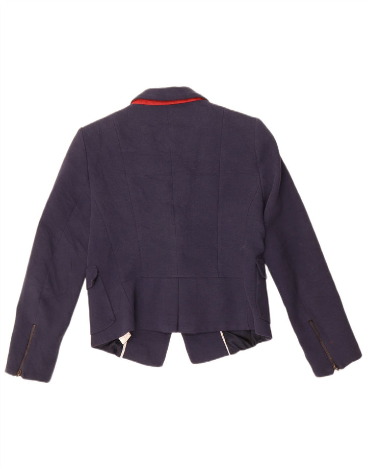 Zara Womens Crop 1 Button Blazer Jacket UK 14 Large Navy Blue Cotton