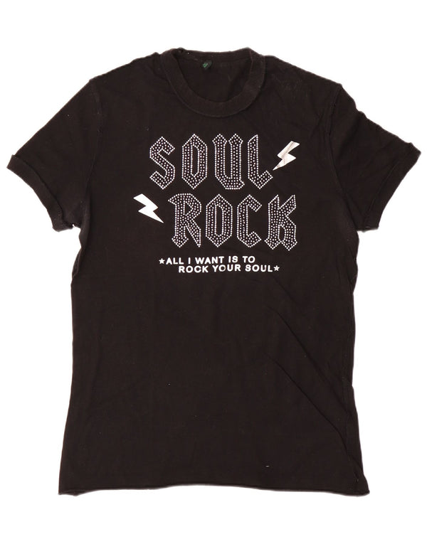 BENETTON Womens Graphic T-Shirt Top UK 16 Large Black