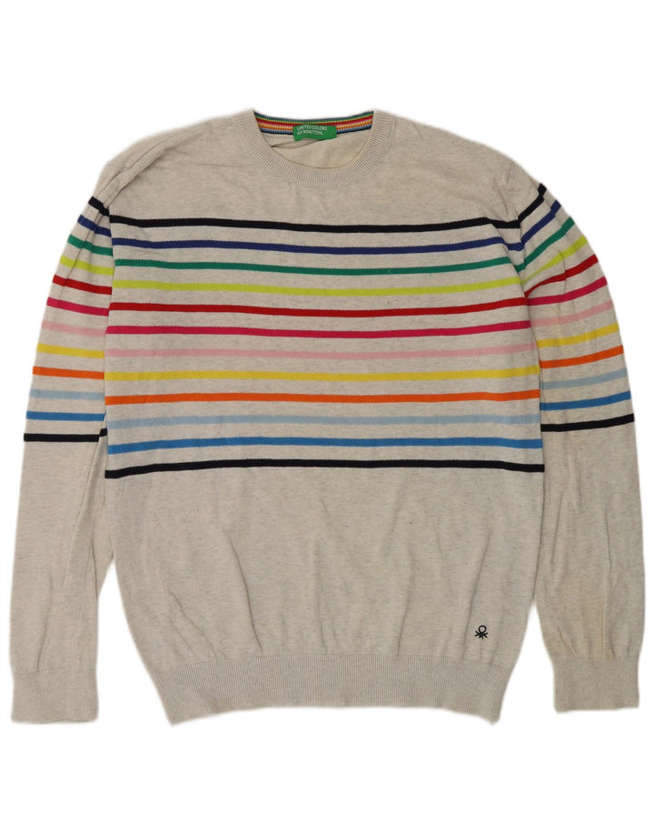 Benetton Mens Crew Neck Jumper Sweater Medium Grey Striped