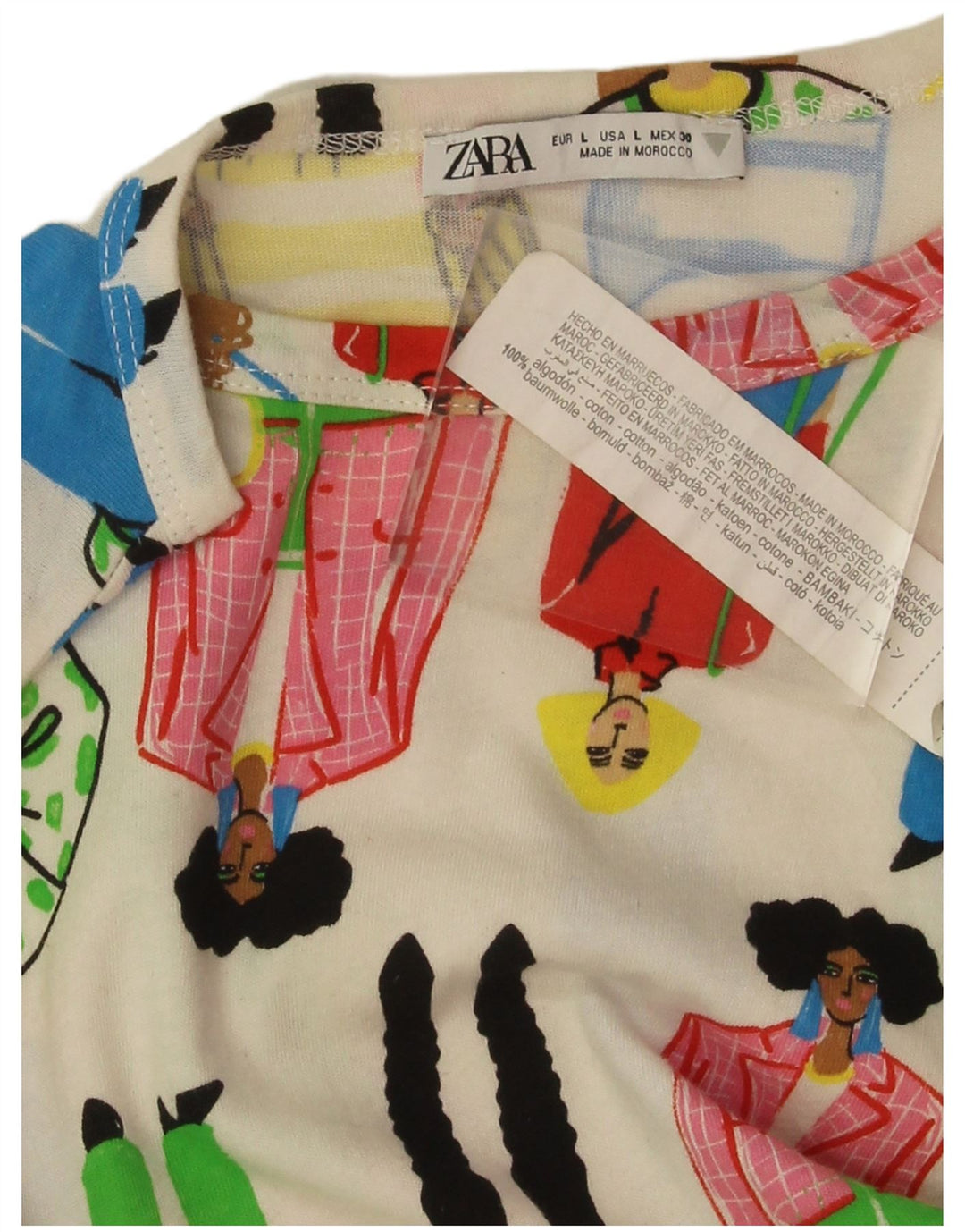 Zara Womens Abstract Pattern Crop Graphic T-Shirt Top UK 16 Large Off White