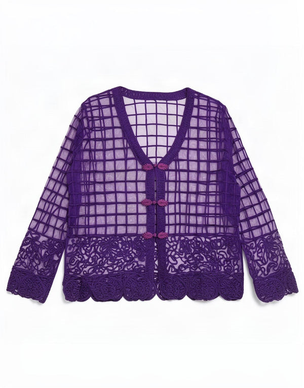 Vintage Womens See Through Shirt Blouse UK 14 Medium Purple Geometric