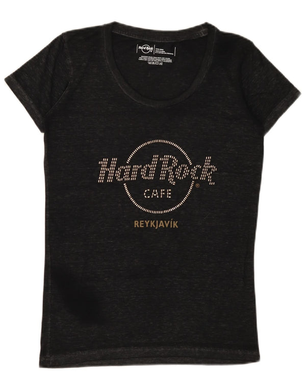 HARD ROCK CAFE Womens Reykjavik Graphic T-Shirt Top UK 6 XS Black Flecked