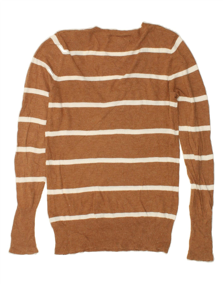 MOSSIMO Womens V-Neck Jumper Sweater UK 14 Medium Brown Striped Nylon Vintage Mossimo and Second-Hand Mossimo from Messina Hembry 