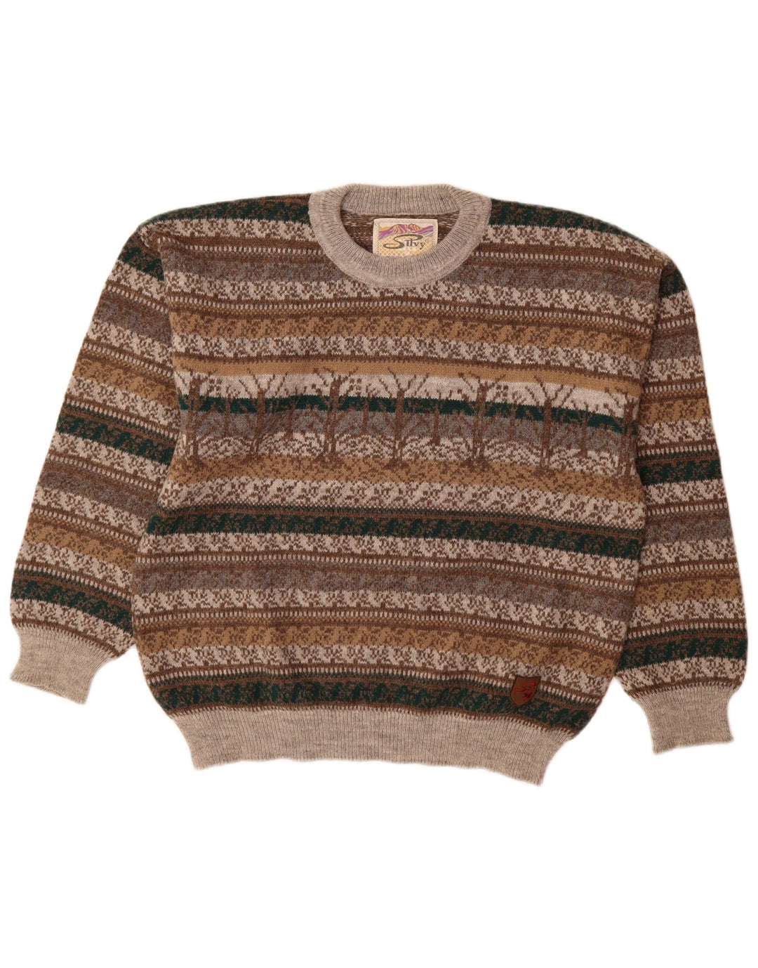 Silvy Mens Crew Neck Jumper Sweater IT 48 Medium Grey Fair Isle Alpaca Wool