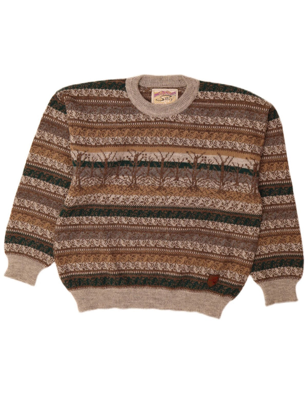 Silvy Mens Crew Neck Jumper Sweater IT 48 Medium Grey Fair Isle Alpaca Wool