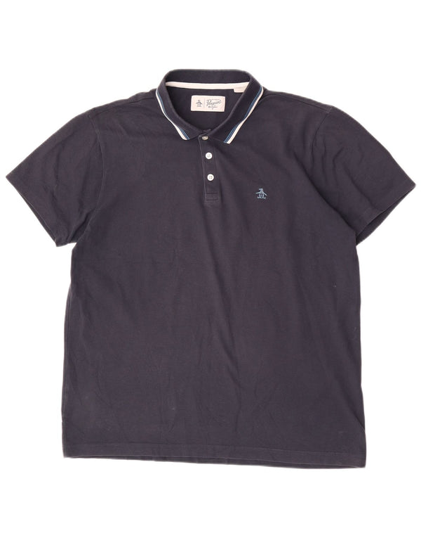 Penguin Mens Polo Shirt Large Navy Blue Striped Cotton