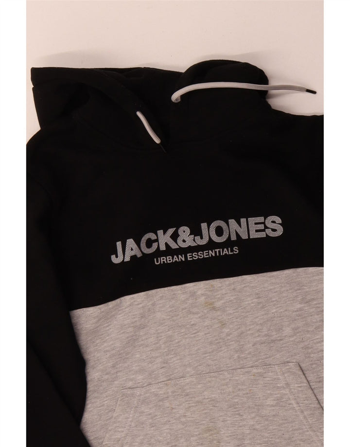 JACK & JONES Mens Graphic Hoodie Jumper Small Black Colourblock Cotton