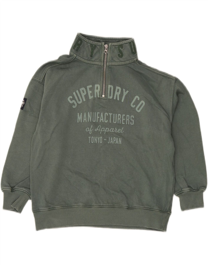 SUPERDRY Boys Graphic Zip Neck Sweatshirt Jumper 7-8 Years Green Cotton