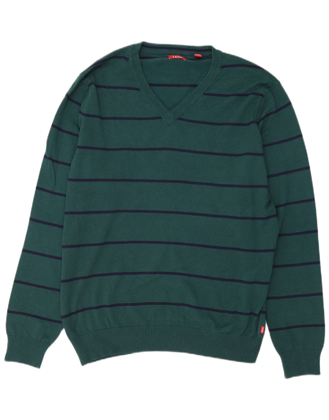 IZOD Mens V-Neck Jumper Sweater Large Green Striped Cotton