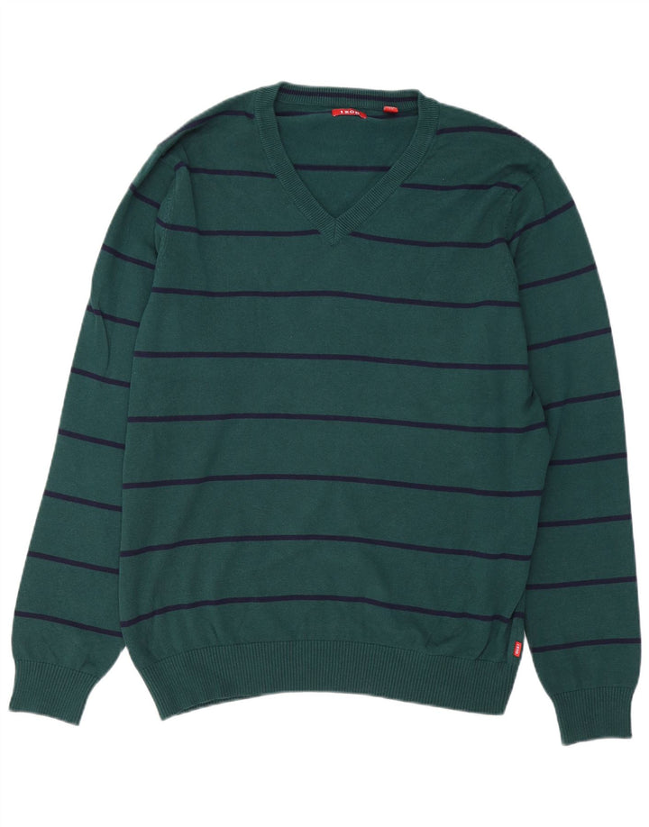 IZOD Mens V-Neck Jumper Sweater Large Green Striped Cotton