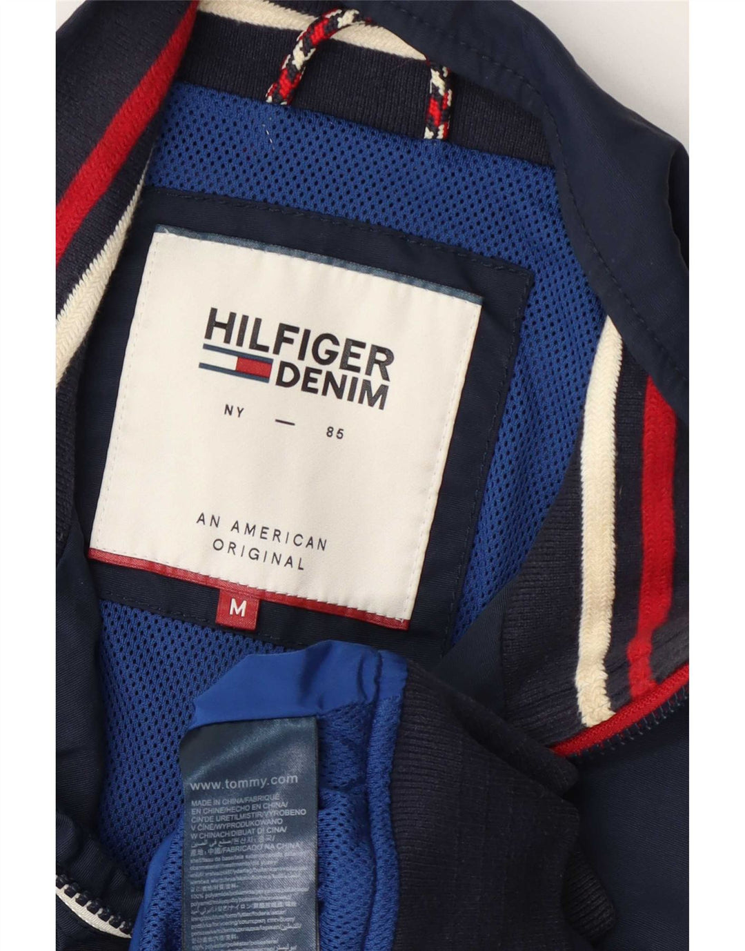 Tommy Hilfiger Mens Bomber Jacket UK 38 Medium Navy Blue Striped Polyamide