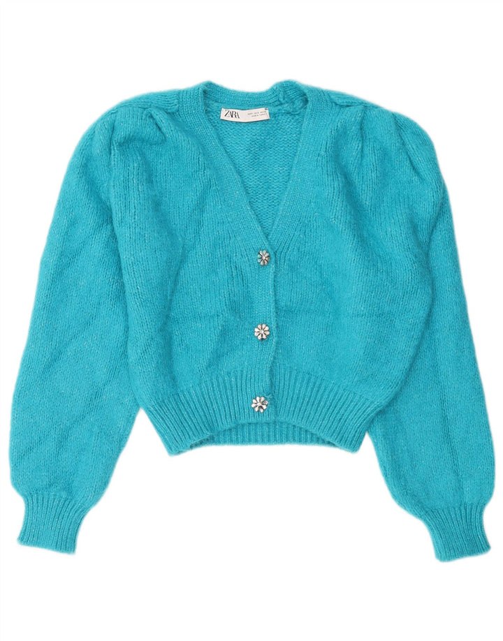 ZARA Womens Crop Cardigan Sweater UK 10 Small Blue Acrylic