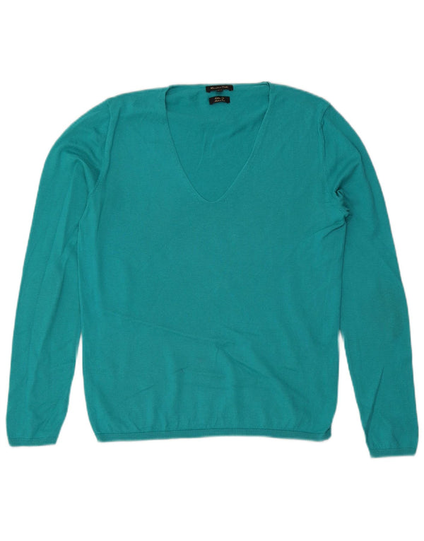 Massimo Dutti Womens V-Neck Jumper Sweater UK 12 Medium Blue Cotton