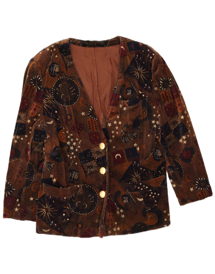 Vintage Womens Velvet 3 Button Blazer Jacket UK 14 Medium Brown Geometric