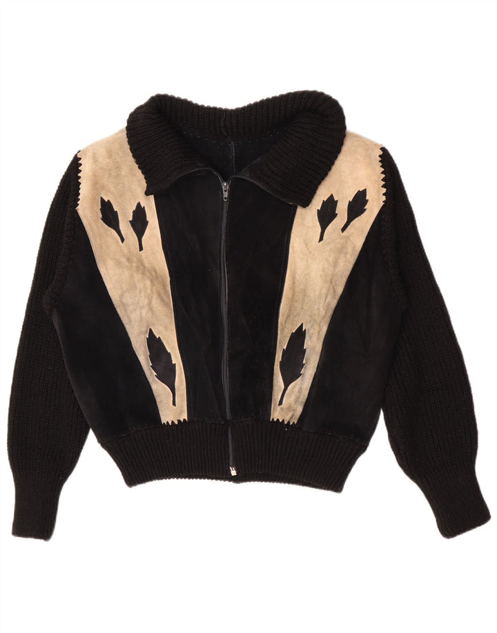 Vintage Womens Bomber Suede Jacket UK 16 Large Black Colourblock