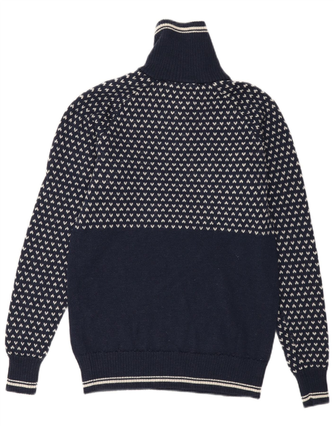 BERGANS Mens Zip Neck Jumper Sweater XS Navy Blue Geometric Wool