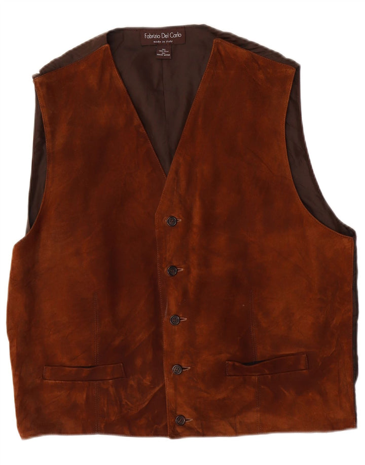 FABRIZIO DEL CARLO Mens Suede Waistcoat Large Brown Leather
