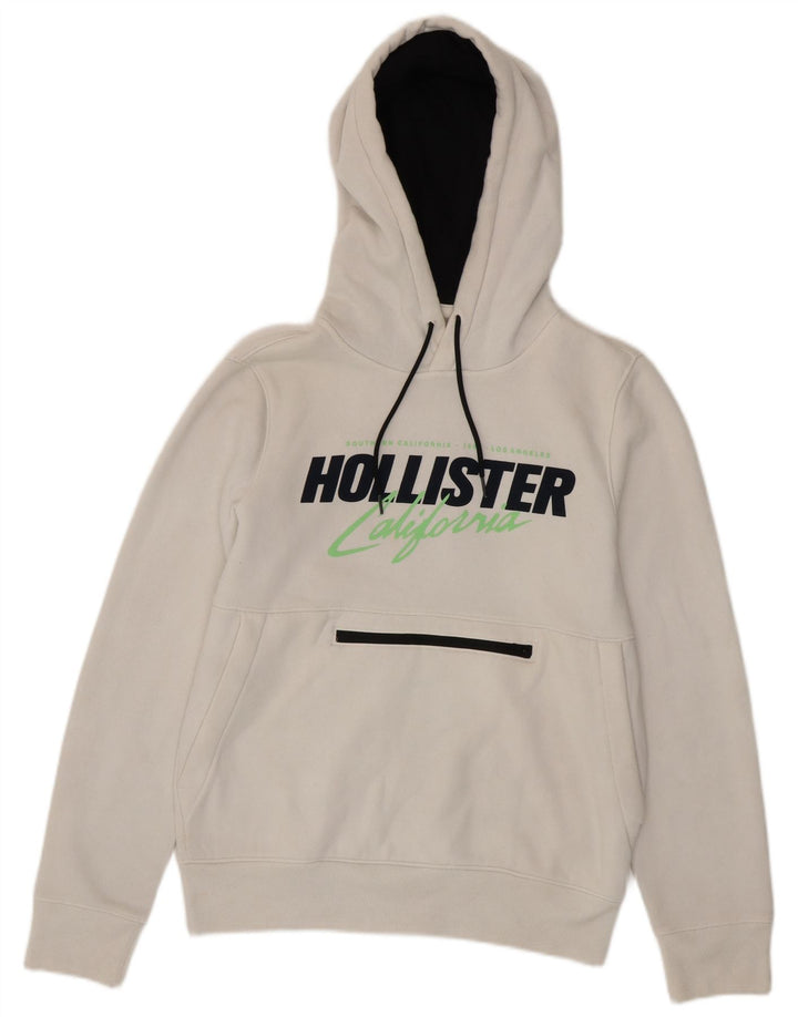 HOLLISTER Mens Graphic Hoodie Jumper Small White Cotton