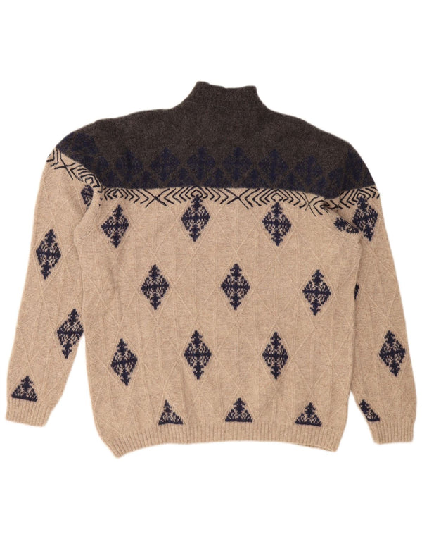 VINTAGE Mens Turtle Neck Jumper Sweater XL Beige Argyle/Diamond