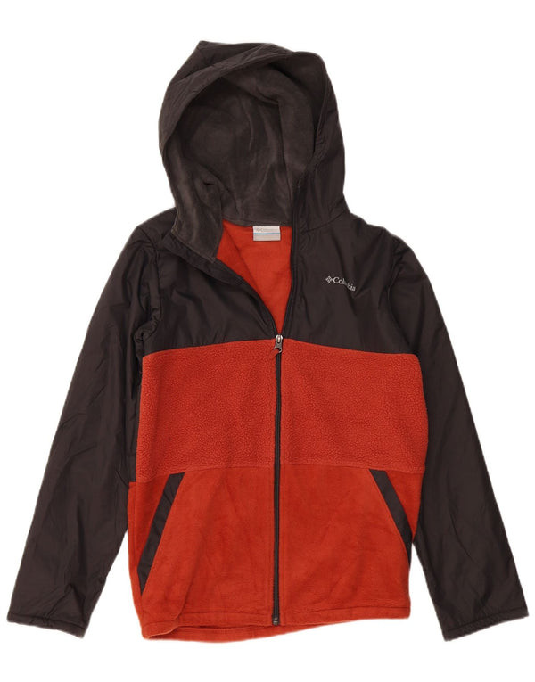 COLUMBIA Boys Hooded Fleece Jacket 14-15 Years Large Grey Colourblock