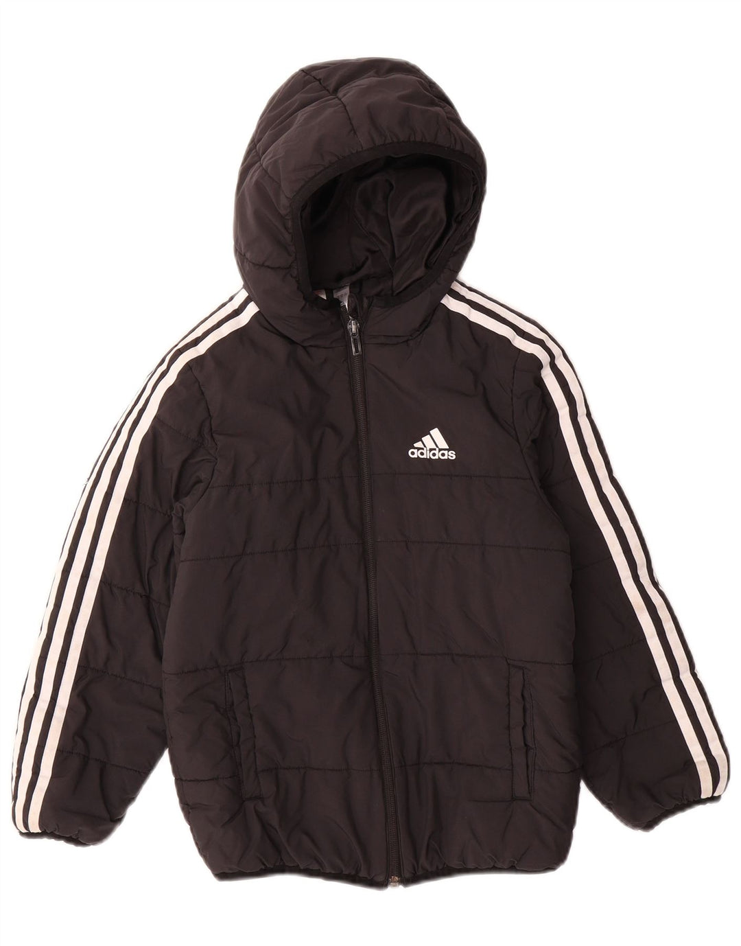 ADIDAS Boys Hooded Padded Jacket 7-8 Years Black Polyester