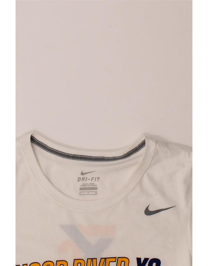 NIKE Womens Dri Fit Graphic Top Long Sleeve UK 10 Small White Polyester Vintage Nike and Second-Hand Nike from Messina Hembry 