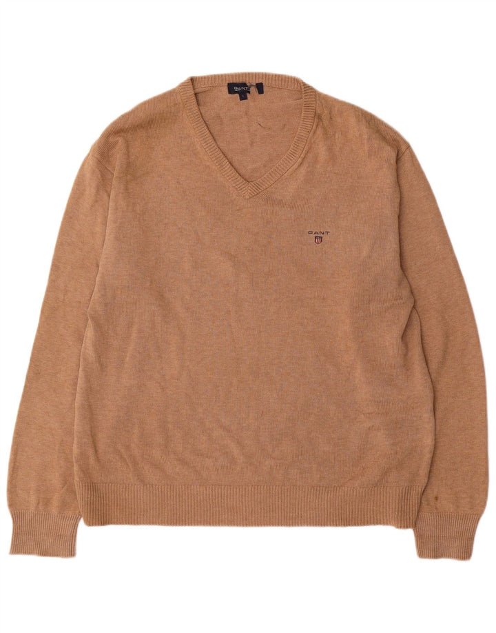 Gant Mens V-Neck Jumper Sweater Large Brown Cotton