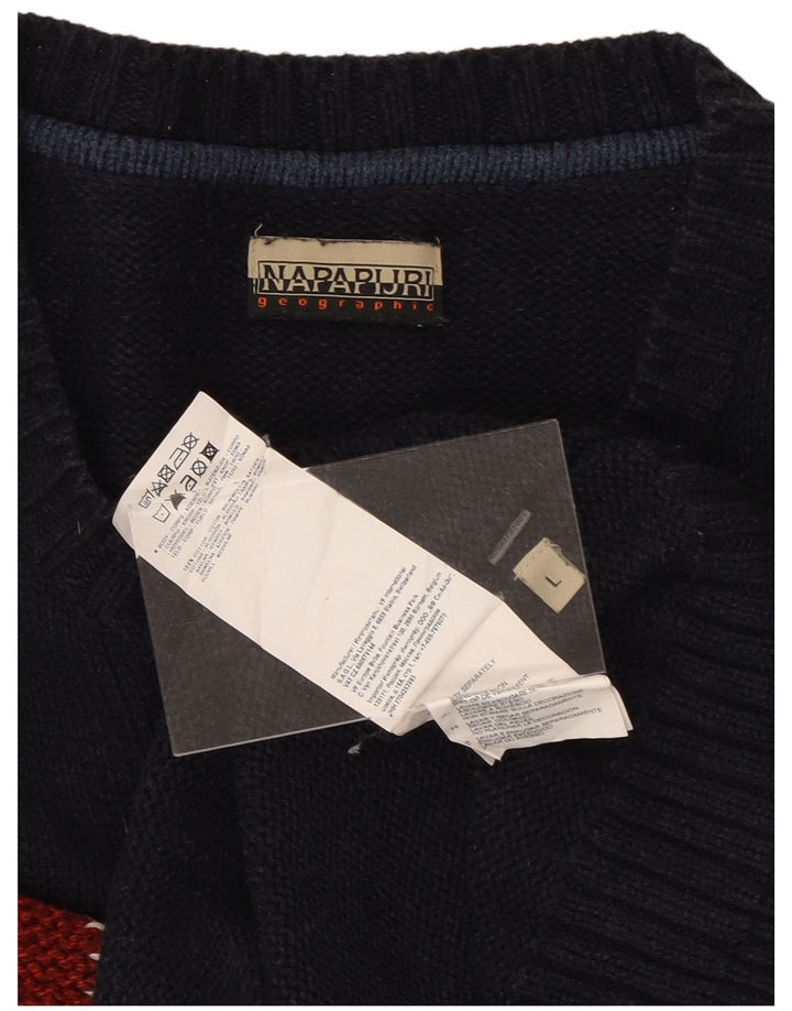 NAPAPIJRI Mens Graphic Crew Neck Jumper Sweater Large Navy Blue Cotton