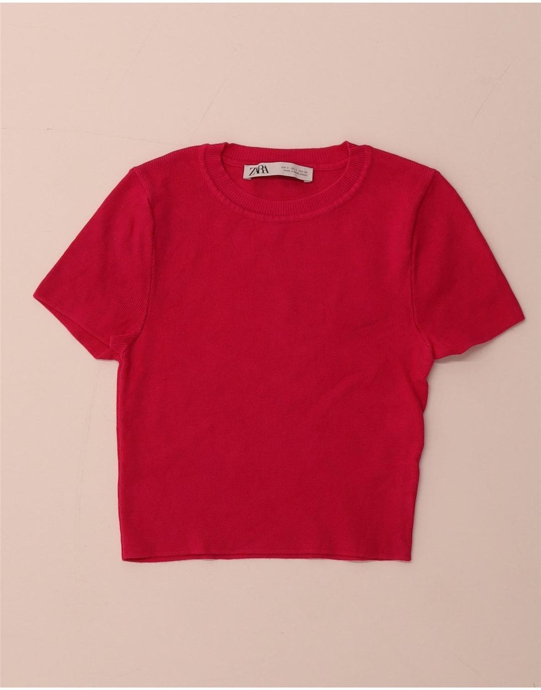 ZARA Womens Crop Short Sleeve Crew Neck Jumper Sweater UK 8 Small Pink
