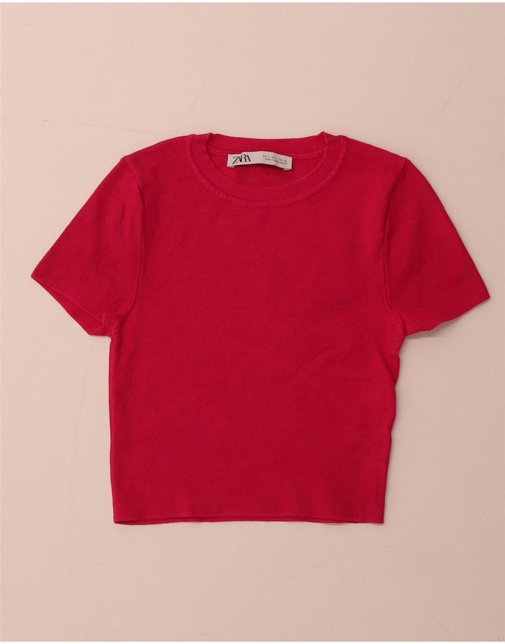 ZARA Womens Crop Short Sleeve Crew Neck Jumper Sweater UK 8 Small Pink