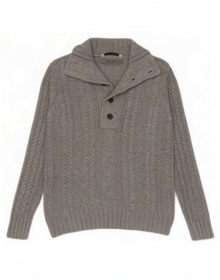 Reiss Mens Button Neck Jumper Sweater Small Grey Viscose